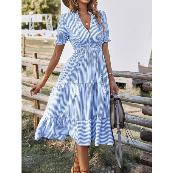 Striped Blue White V-Neck Midi Dress Babydoll Fit & Flared Tassel Ties - Picture 1 of 6
